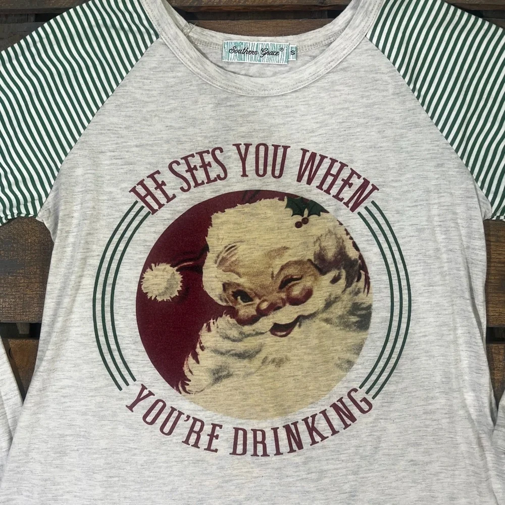 EUC [Southern Grace] Green Striped Funny Santa Holiday Christmas Tee | Small - Picture 8 of 13